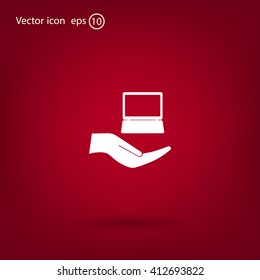 Notebook insurance sign icon. Hand holds pc laptop symbol.  Vector