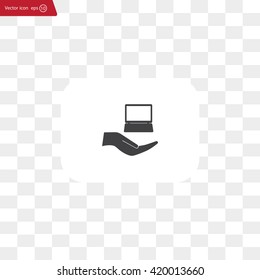 Notebook insurance sign icon. Hand holds pc laptop symbol. Circle and square buttons. Flat design set. Thank you ribbon. Vector
