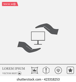 Notebook insurance sign icon. Hand holds pc laptop symbol. Circle and square buttons. Flat design set. Thank you ribbon. Vector