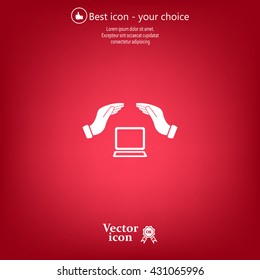 Notebook insurance sign icon. Hand holds pc laptop symbol.