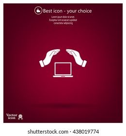Notebook insurance sign icon. Hand holds pc laptop symbol.