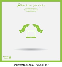 Notebook insurance sign icon. Hand holds pc laptop symbol.