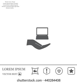Notebook insurance sign icon. Hand holds pc laptop symbol. Circle and square buttons. Flat design set. Thank you ribbon. Vector