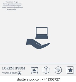 Notebook insurance sign icon. Hand holds pc laptop symbol. Circle and square buttons. Flat design set. Thank you ribbon. Vector