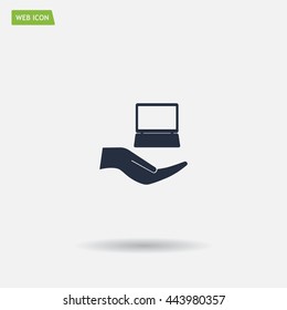 Notebook insurance sign icon. Hand holds pc laptop symbol. Circle and square buttons. Flat design set. Thank you ribbon. Vector