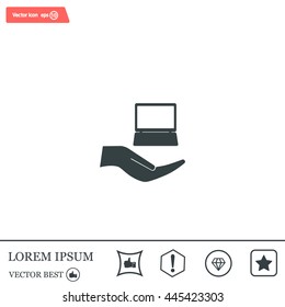 Notebook insurance sign icon. Hand holds pc laptop symbol. Circle and square buttons. Flat design set. Thank you ribbon. Vector