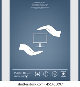Notebook insurance sign icon. Hand holds pc laptop symbol. Circle and square buttons. Flat design set. Thank you ribbon. Vector