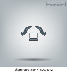 Notebook insurance sign icon. Hand holds pc laptop symbol.