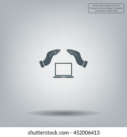 Notebook insurance sign icon. Hand holds pc laptop symbol.
