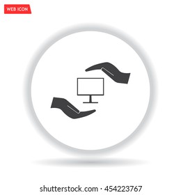 Notebook insurance sign icon. Hand holds pc laptop symbol. Circle and square buttons. Flat design set. Thank you ribbon. Vector