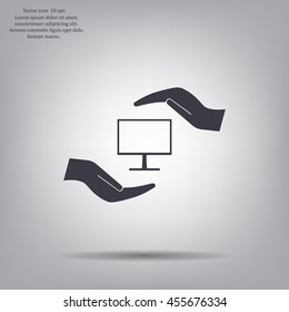 Notebook insurance sign icon. Hand holds pc laptop symbol. Circle and square buttons. Flat design set. Thank you ribbon. Vector