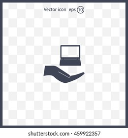 Notebook insurance sign icon. Hand holds pc laptop symbol. Circle and square buttons. Flat design set. Thank you ribbon. Vector