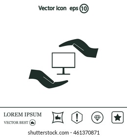 Notebook insurance sign icon. Hand holds pc laptop symbol. Circle and square buttons. Flat design set. Thank you ribbon. Vector