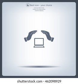 Notebook insurance sign icon. Hand holds pc laptop symbol.