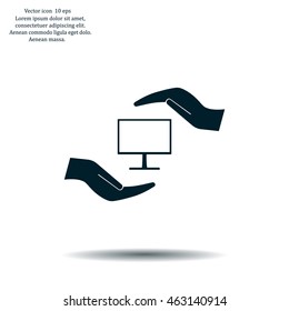 Notebook insurance sign icon. Hand holds pc laptop symbol. Circle and square buttons. Flat design set. Thank you ribbon. Vector
