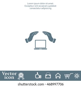 Notebook insurance sign icon. Hand holds pc laptop symbol.