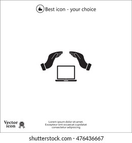 Notebook insurance sign icon. Hand holds pc laptop symbol.