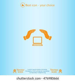 Notebook insurance sign icon. Hand holds pc laptop symbol.