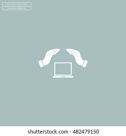 Notebook insurance sign icon. Hand holds pc laptop symbol.