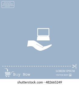 Notebook insurance sign icon. Hand holds pc laptop symbol. Circle and square buttons. Flat design set. Thank you ribbon. Vector