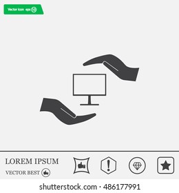 Notebook insurance sign icon. Hand holds pc laptop symbol. Circle and square buttons. Flat design set. Thank you ribbon. Vector
