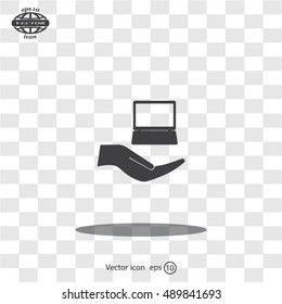 Notebook insurance sign icon. Hand holds pc laptop symbol. Circle and square buttons. Flat design set. Thank you ribbon. Vector
