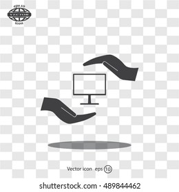 Notebook insurance sign icon. Hand holds pc laptop symbol. Circle and square buttons. Flat design set. Thank you ribbon. Vector