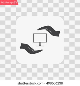 Notebook insurance sign icon. Hand holds pc laptop symbol. Circle and square buttons. Flat design set. Thank you ribbon. Vector
