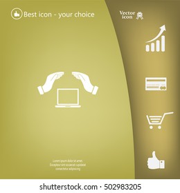 Notebook insurance sign icon. Hand holds pc laptop symbol.