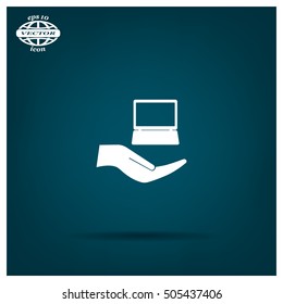 Notebook insurance sign icon. Hand holds pc laptop symbol. Circle and square buttons. Flat design set. Thank you ribbon. Vector