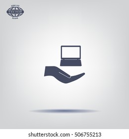 Notebook insurance sign icon. Hand holds pc laptop symbol. Circle and square buttons. Flat design set. Thank you ribbon. Vector
