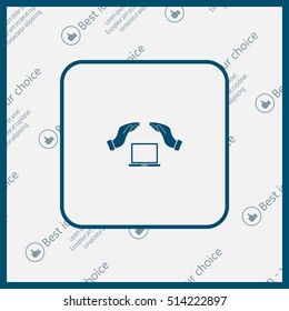Notebook insurance sign icon. Hand holds pc laptop symbol.