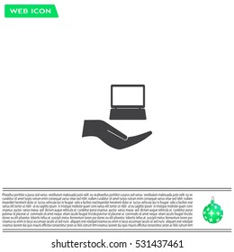 Notebook insurance sign icon. Hand holds pc laptop symbol. Circle and square buttons. Flat design set. Thank you ribbon. Vector