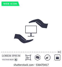Notebook insurance sign icon. Hand holds pc laptop symbol. Circle and square buttons. Flat design set. Vector