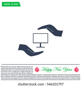 Notebook insurance sign icon. Hand holds pc laptop symbol. Circle and square buttons. Flat design set. Thank you ribbon. Vector