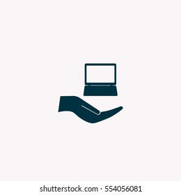 Notebook insurance sign icon. Hand holds pc laptop symbol. Circle and square buttons. Flat design set. Thank you ribbon. Vector