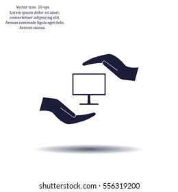Notebook insurance sign icon. Hand holds pc laptop symbol. Circle and square buttons. Flat design set. Thank you ribbon. Vector