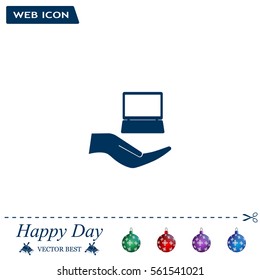 Notebook insurance sign icon. Hand holds pc laptop symbol. Circle and square buttons. Flat design set. Thank you ribbon. Vector