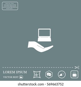Notebook insurance sign icon. Hand holds pc laptop symbol. Circle and square buttons. Flat design set. Thank you ribbon. Vector