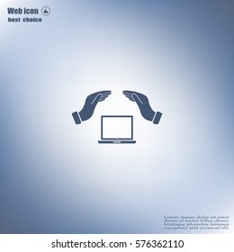 Notebook insurance sign icon. Hand holds pc laptop symbol.