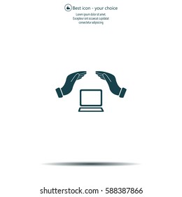 Notebook insurance sign icon. Hand holds pc laptop symbol.