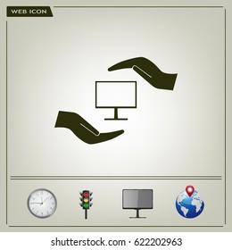Notebook insurance sign icon. Hand holds pc laptop symbol. Circle and square buttons. Flat design set. Thank you ribbon. Vector
