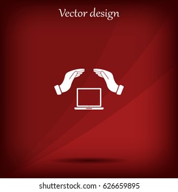 Notebook insurance sign icon. Hand holds pc laptop symbol.