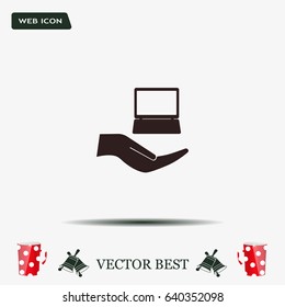 Notebook insurance sign icon. Hand holds pc laptop symbol. Circle and square buttons. Flat design set. Thank you ribbon. Vector