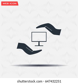 Notebook insurance sign icon. Hand holds pc laptop symbol. Circle and square buttons. Flat design set. Thank you ribbon. Vector