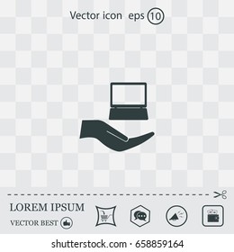 Notebook insurance sign icon. Hand holds pc laptop symbol. Circle and square buttons. Flat design set. Thank you ribbon. Vector