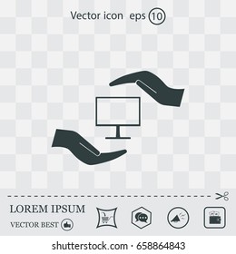 Notebook insurance sign icon. Hand holds pc laptop symbol. Circle and square buttons. Flat design set. Thank you ribbon. Vector