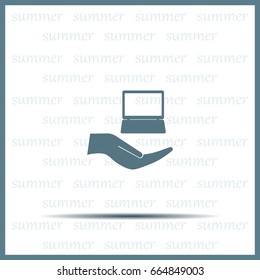 Notebook insurance sign icon. Hand holds pc laptop symbol. Circle and square buttons. Flat design set. Thank you ribbon. Vector