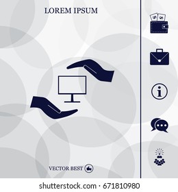 Notebook insurance sign icon. Hand holds pc laptop symbol. Circle and square buttons. Flat design set. Thank you ribbon. Vector