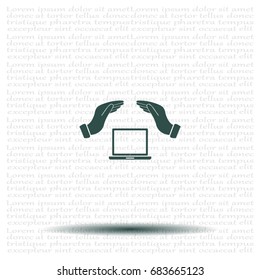 Notebook insurance sign icon. Hand holds pc laptop symbol.